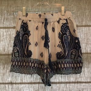Blue, white, and green paisley drawstring shorts